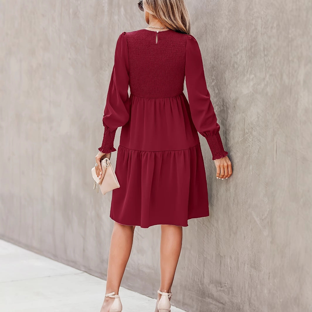 Round Neck Ruffled Lantern Sleeves Long Sleeve Dress