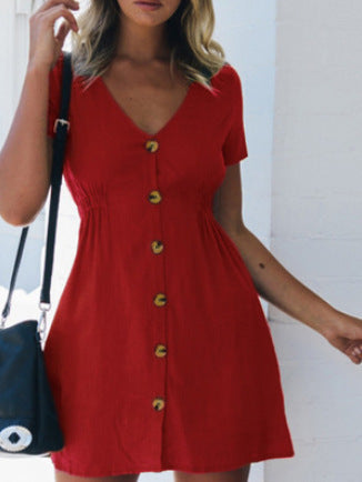 Color V-neck Slim Single Row Button High Waist Dress Women