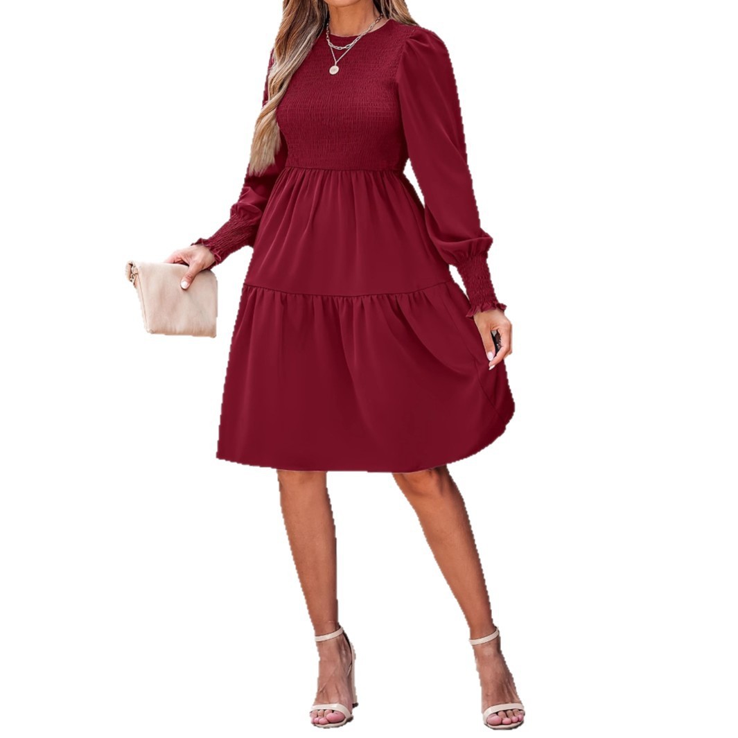Round Neck Ruffled Lantern Sleeves Long Sleeve Dress