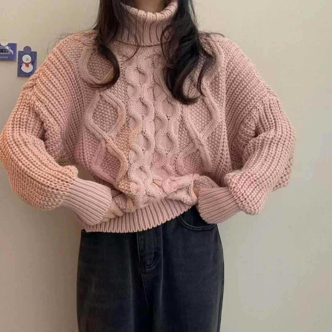 Retro Autumn And Winter Turtleneck Sweater Twisted Short Long-sleeved Sweater Top
