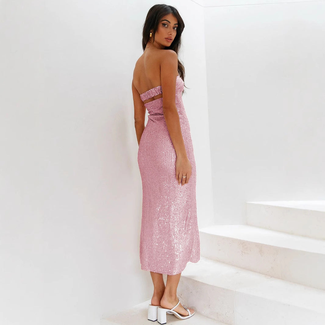 Sexy Tube Top Women's Clothing Sequins Dress Hollow Out