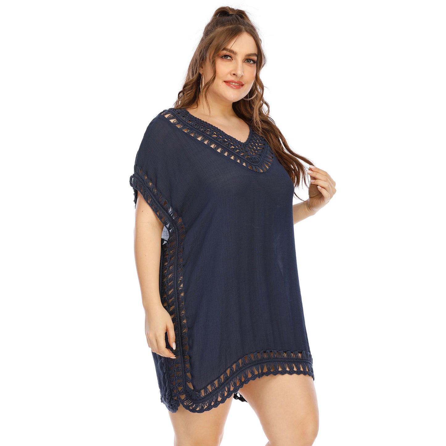 Women's Handmade V-neck Patchwork Solid Color Beach Dress