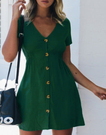 Color V-neck Slim Single Row Button High Waist Dress Women