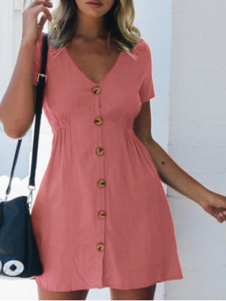 Color V-neck Slim Single Row Button High Waist Dress Women