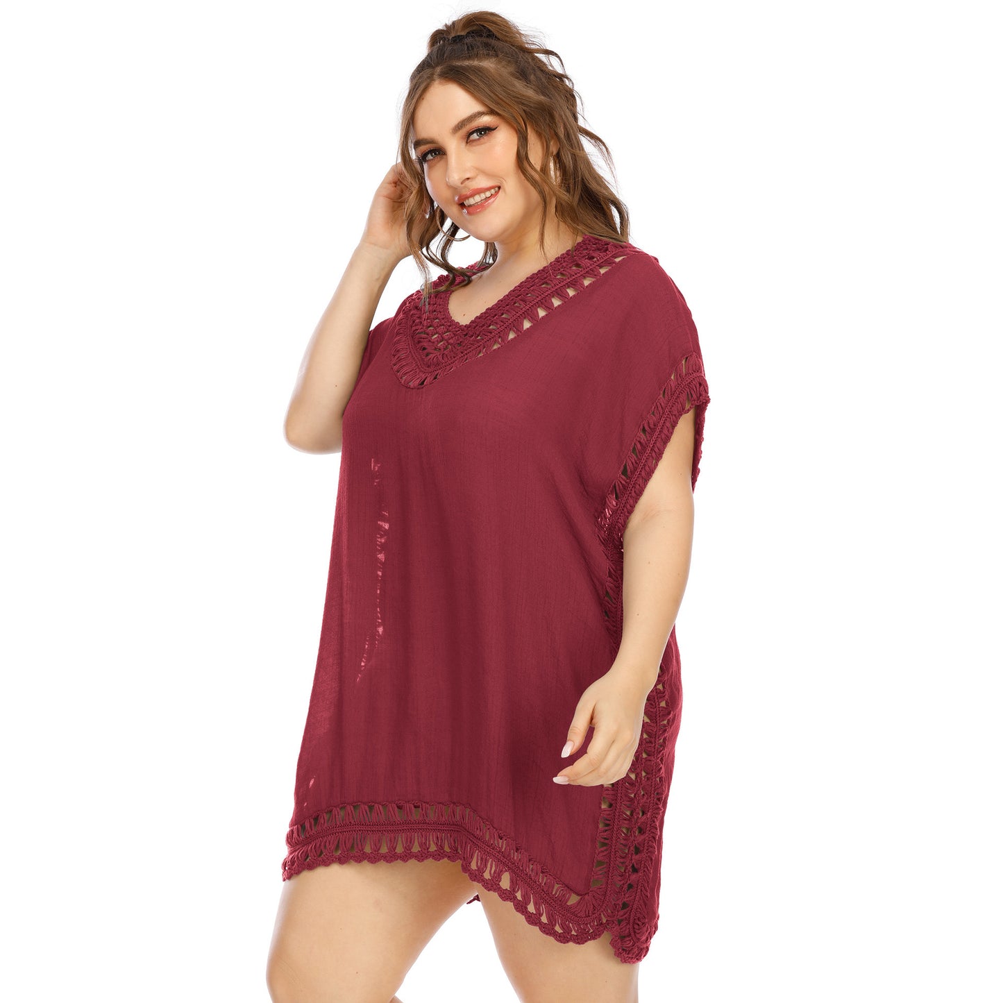 Women's Handmade V-neck Patchwork Solid Color Beach Dress