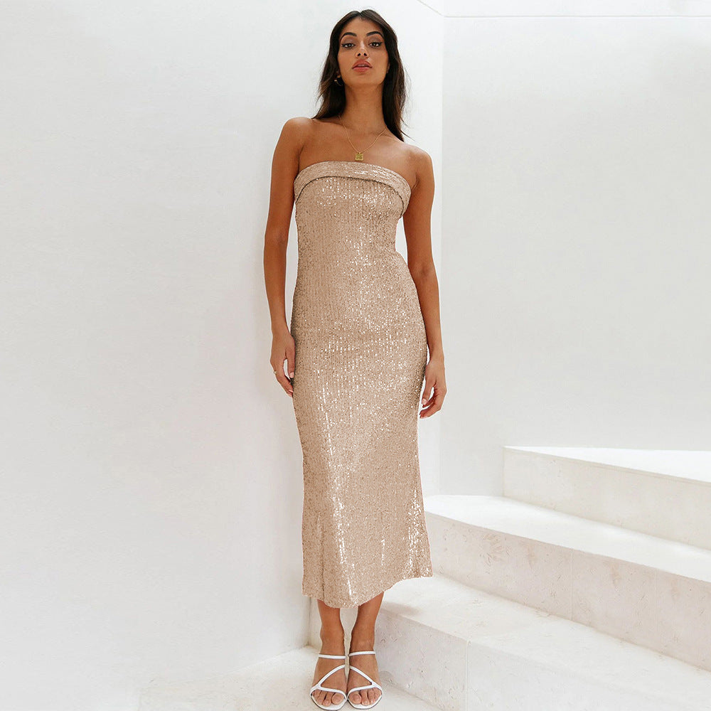 Sexy Tube Top Women's Clothing Sequins Dress Hollow Out
