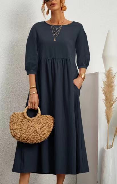 Lantern Sleeve Loose Cotton And Linen Pocket Dress