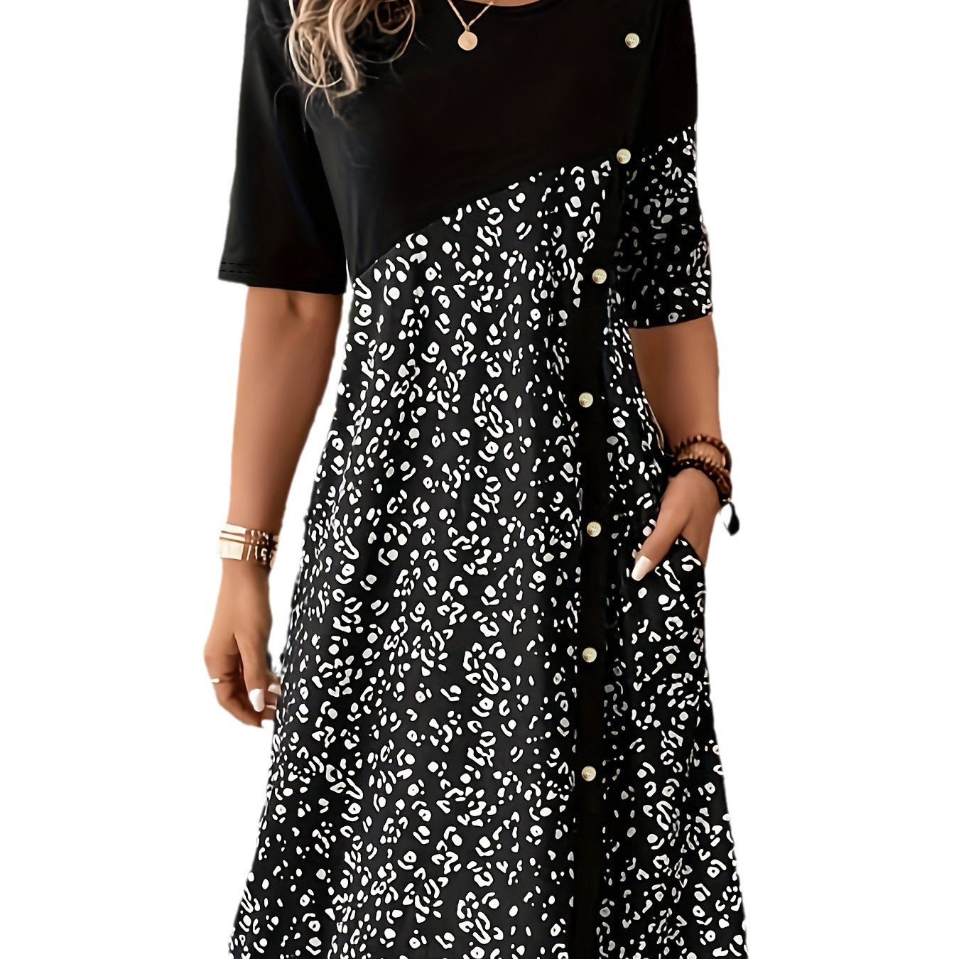 Women's Fashion Printed Pocket Button Dress