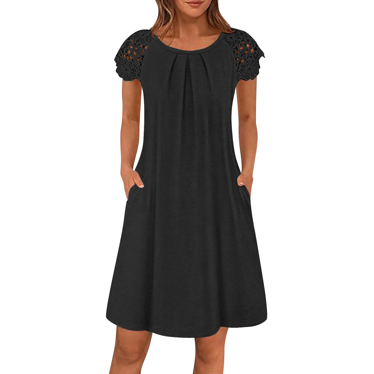 Women's Round Neck Lace Patchwork Pleated Loose Dress