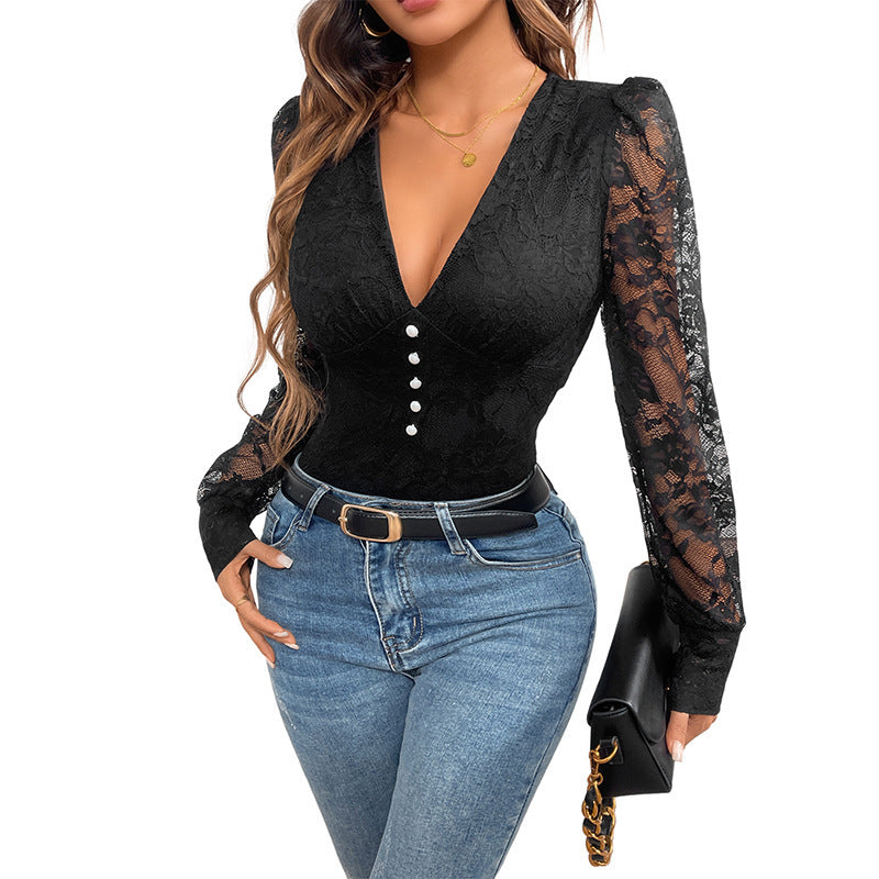 Sexy Retro Elegant Style Deep V-neck Lace Long Sleeve Jumpsuit