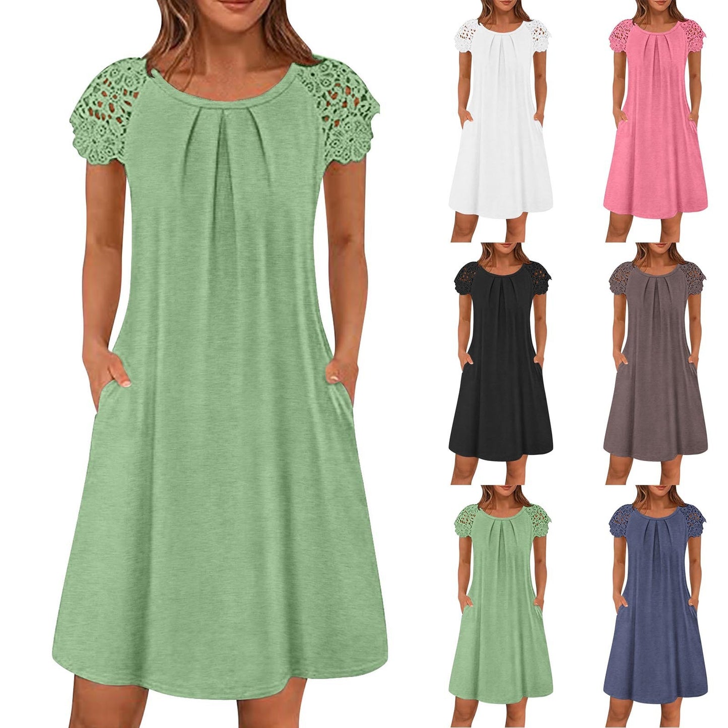 Women's Round Neck Lace Patchwork Pleated Loose Dress