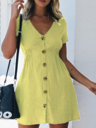 Color V-neck Slim Single Row Button High Waist Dress Women