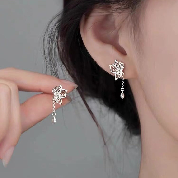 Silver Pin Earrings Sweet Tassel Butterfly Studs Women