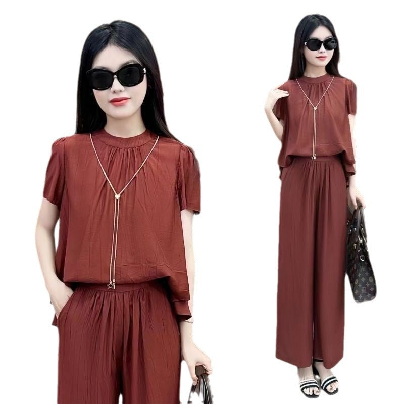Loose Temperament Short-sleeved Wide-leg Pants Two-piece Set