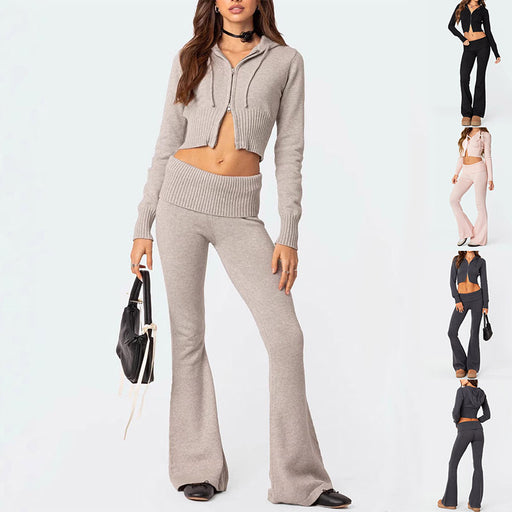 Fashion Knitted Hooded Suit Long Sleeve Zipper Cropped Top And Slim Flared Pants Trousers Solid Outfits Women's Clothing