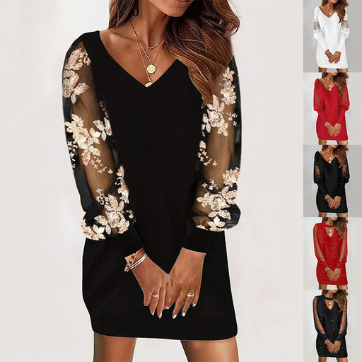 Long-sleeved V-neck Dress Spring And Autumn New Style Lace Splicing Dress For Womens Clothing