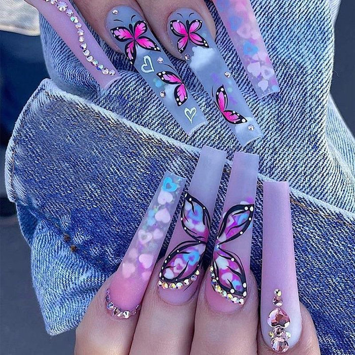 Butterfly Long Heart Gradient Nail Art