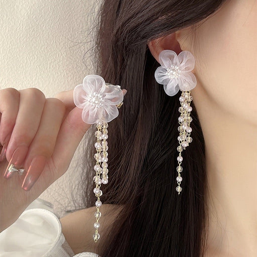 Long Fringed Pearl Flower Stud Earrings