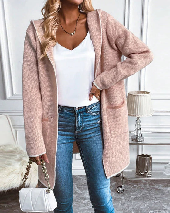 Loose Knitted Long Sleeves Hooded Cardigan Pocket Coat