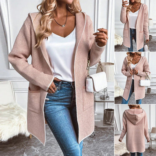 Loose Knitted Long Sleeves Hooded Cardigan Pocket Coat