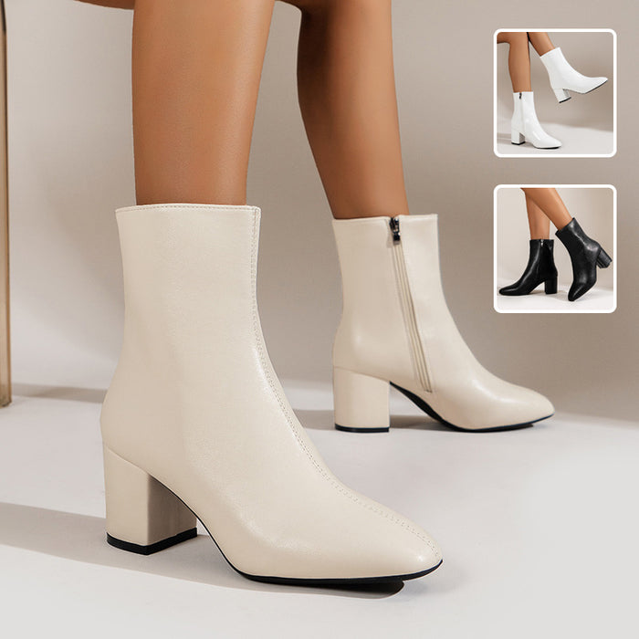 Chunky Heel Pointed Toe Boots With Side Zipper Fashion Mid-calf Boot For Women Shoes