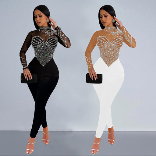 Fashion Pure Color Mesh Rhinestone Long-sleeved Trousers Jumpsuit