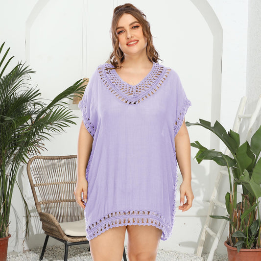 Women's Handmade V-neck Patchwork Solid Color Beach Dress
