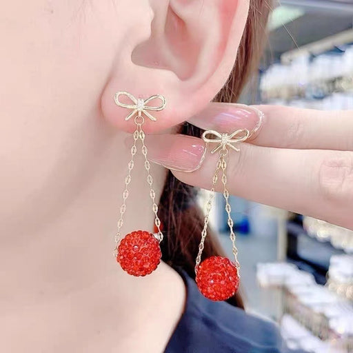 Autumn And Winter Golden Bow With Red Rhinestone Fashion Simple Eardrops