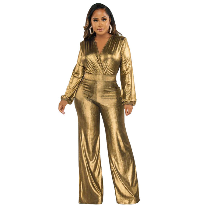 Sexy V-neck Lantern Sleeve Bronzing Jumpsuit